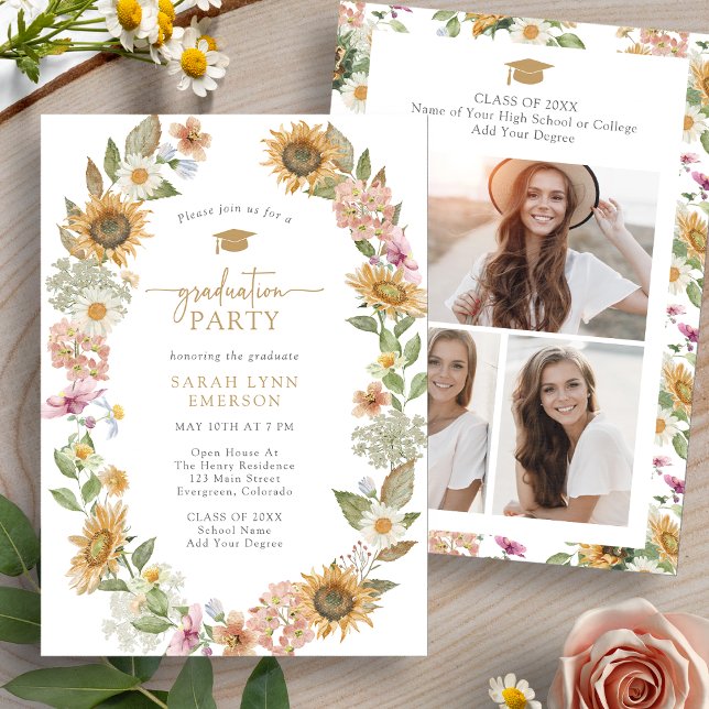 Invitación Fiesta de Graduación Floral (Watercolor Floral Graduation Party Invitation with Photo Collage by Painted Paperie
)