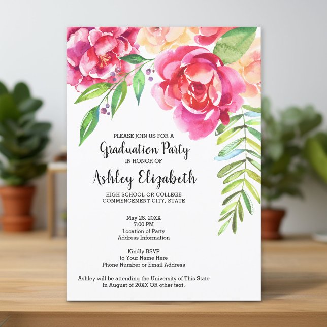 Invitación Fiesta de graduación Floral acuarela moderna (Custom Graduation Announcement and Invitation)