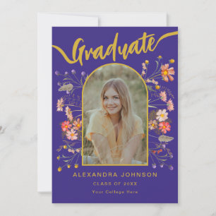 Invitación Fiesta de Graduación Floral Azul de Foto Moderna
