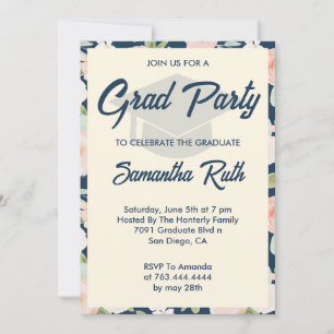 Invitación Fiesta de Graduación Floral Azul Marinho Moderno