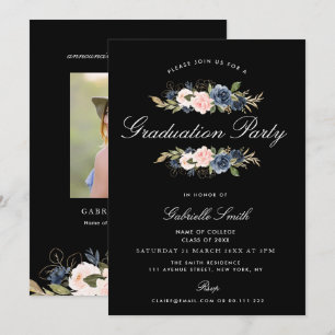 Invitación Fiesta de graduación floral azul marino y ruidoso