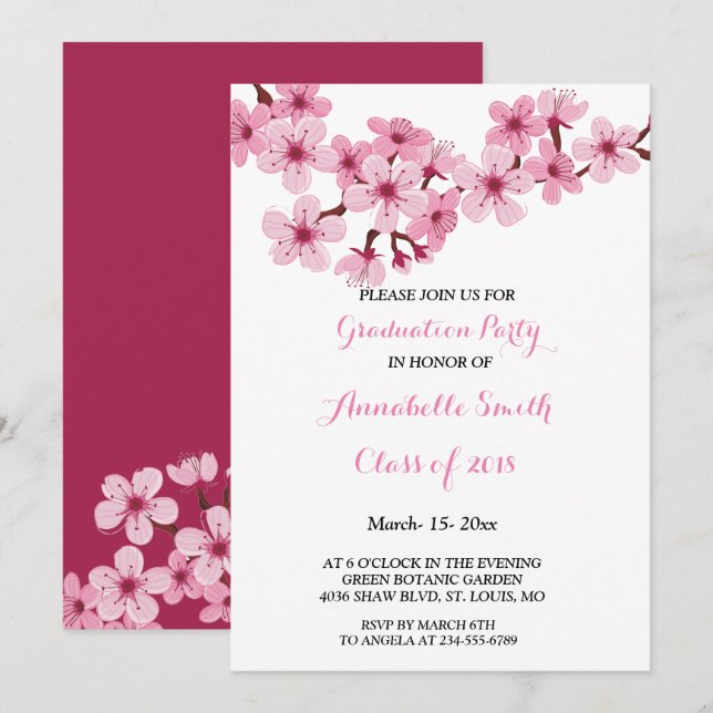 Invitación Fiesta de Graduación Floral Blanca Rosa (Anverso / Reverso)