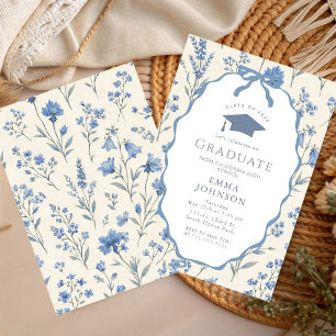 Invitación Fiesta de Graduación Floral Blanco Azul