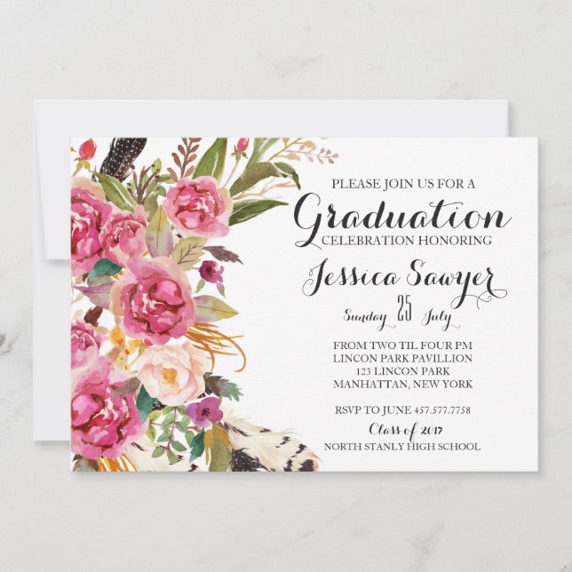 Invitación Fiesta de graduación floral bohemia (Anverso)
