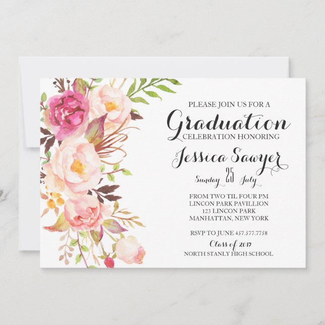Invitación Fiesta de graduación floral bohemia (Anverso)