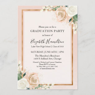 Invitación Fiesta de Graduación Floral Chic Rosa y Dorado