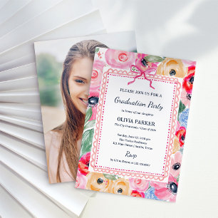 Invitación Fiesta de Graduación Floral Colorida Foto y Lazo