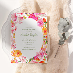 Invitación Fiesta de graduación floral de acuarela rosa y nar