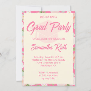 Invitación Fiesta de Graduación Floral de Marfil Rosa Moderno