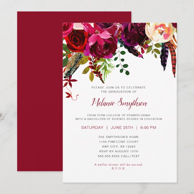 Invitación Fiesta de graduación floral de moda de Boho (Anverso / Reverso)