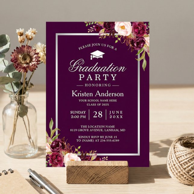 Invitación Fiesta de graduación floral de plumas púrpura (Subido por el creador)