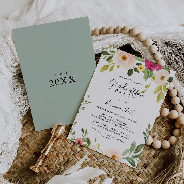 Invitación Fiesta de Graduación Floral de Rubor Rosa (Subido por el creador)