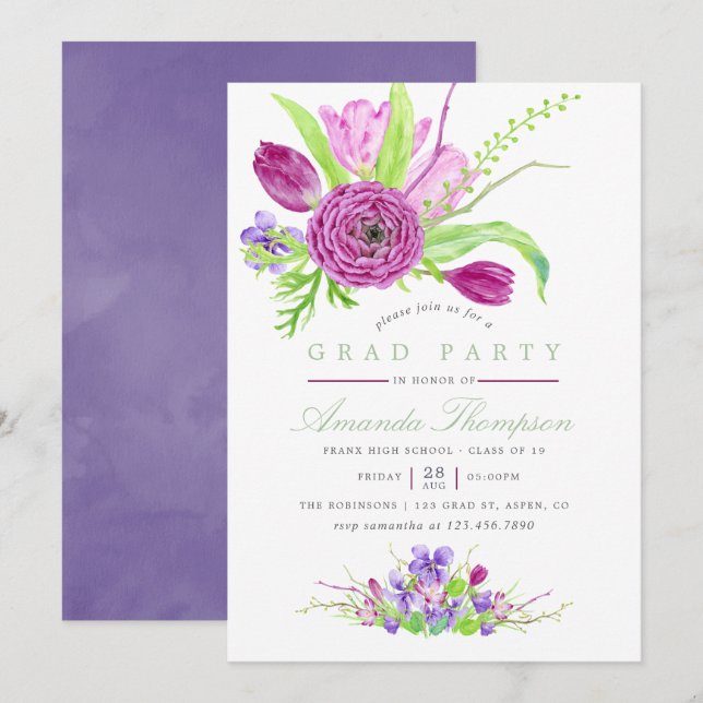 Invitación Fiesta de graduación floral en acuarela Primavera  (Anverso / Reverso)