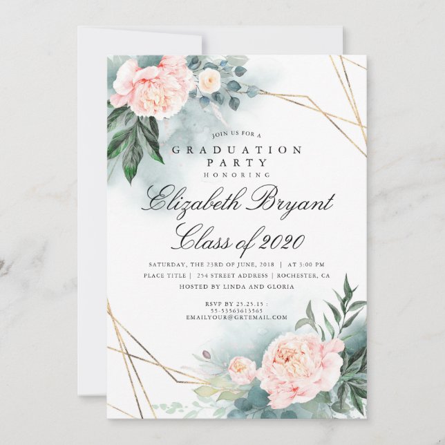 Invitación Fiesta de Graduación Floral Geométrica de Oro de V (Anverso)