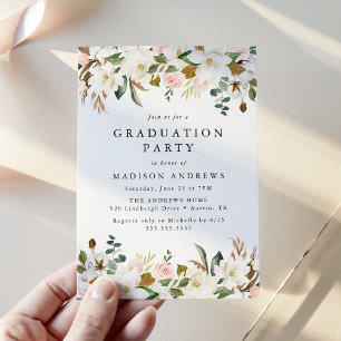 Invitación Fiesta de Graduación Floral Magnolia y Rosa Elegan