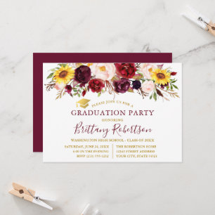 Invitación Fiesta de Graduación Floral Mixta Burgundy Acuarel