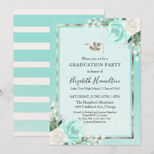 Invitación Fiesta de Graduación Floral Moderna de Plata y Azu