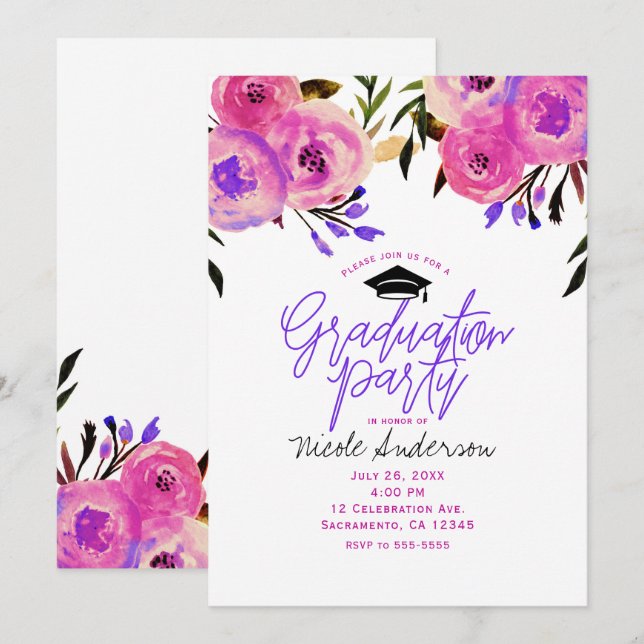 Invitación Fiesta de Graduación Floral Moderno Rosa Púrpura B (Anverso / Reverso)