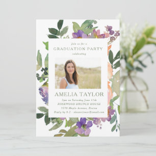 Invitación Fiesta de graduación floral naranja púrpura acuare