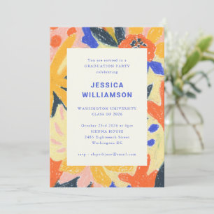 Invitación Fiesta de Graduación Floral Pintada Azul Naranja