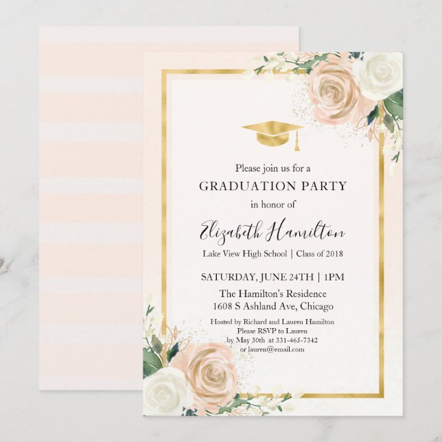 Invitación Fiesta de graduación floral rosa Rubor & Relieve m (Anverso / Reverso)