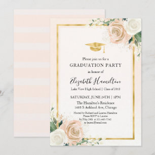 Invitación Fiesta de Graduación Floral Rosa y Dorado