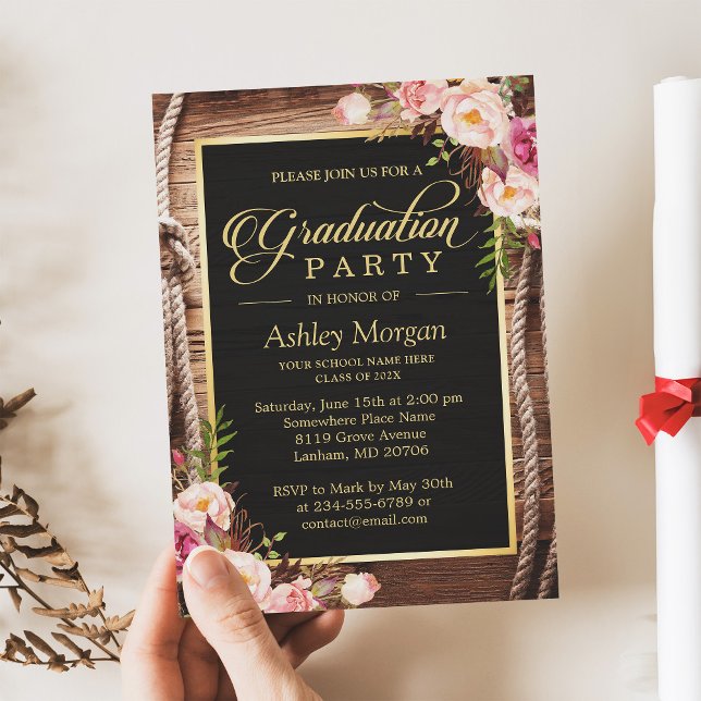 Invitación Fiesta de graduación Floral Rustic Country Wooden (Subido por el creador)
