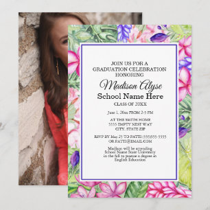 Invitación Fiesta de graduación floral tropical rosa púrpura 