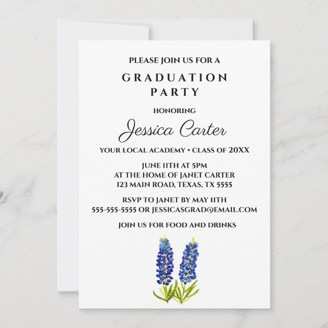 Invitación Fiesta de graduación floral Typography Bluebonnets (Anverso)