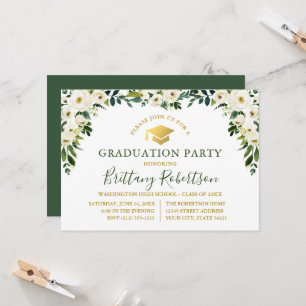 Invitación Fiesta de Graduación Floral Verde Blanco Acuarela 