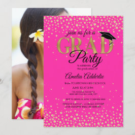 Invitación Fiesta de Graduación Foto Brillo Rosa Fucsia Negro
