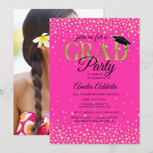 Invitación Fiesta de Graduación Foto Brillo Rosa Fucsia Negro