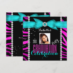 Invitación Fiesta de Graduación Foto Cebra Rosa Azul Turquesa