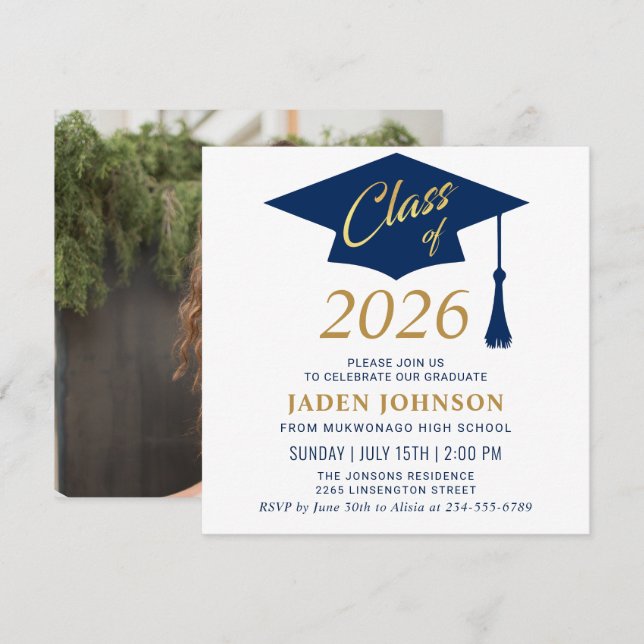 Invitación Fiesta de Graduación FOTO Clase 2026 Moderna Simpl (Anverso / Reverso)