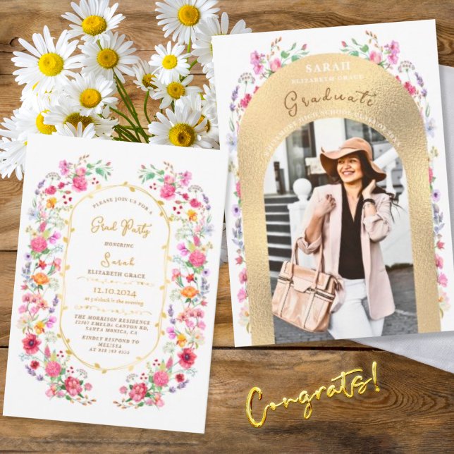 Invitación fiesta de graduación foto de acuarela floral chic (Subido por el creador)