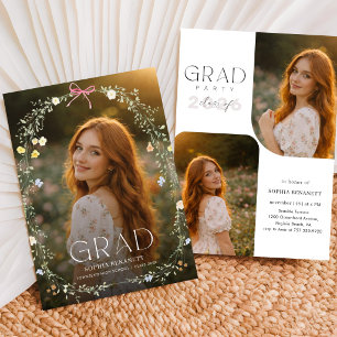 Invitación Fiesta de Graduación Foto de Lazo Rosa de Flor Sil