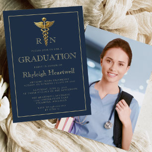 Invitación Fiesta de Graduación Foto Enfermera RN Azul Marino