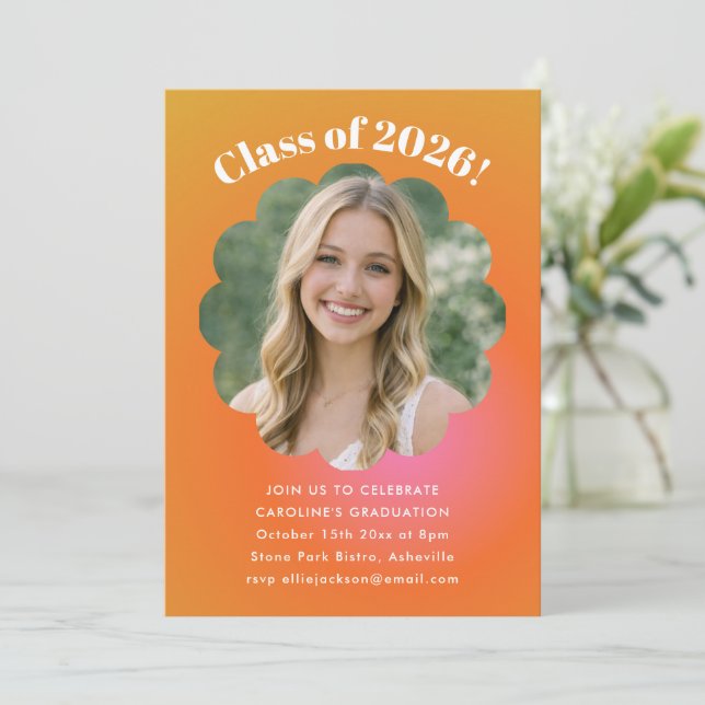 Invitación Fiesta de Graduación Foto Gradiente Naranja Floral (Anverso de pie)