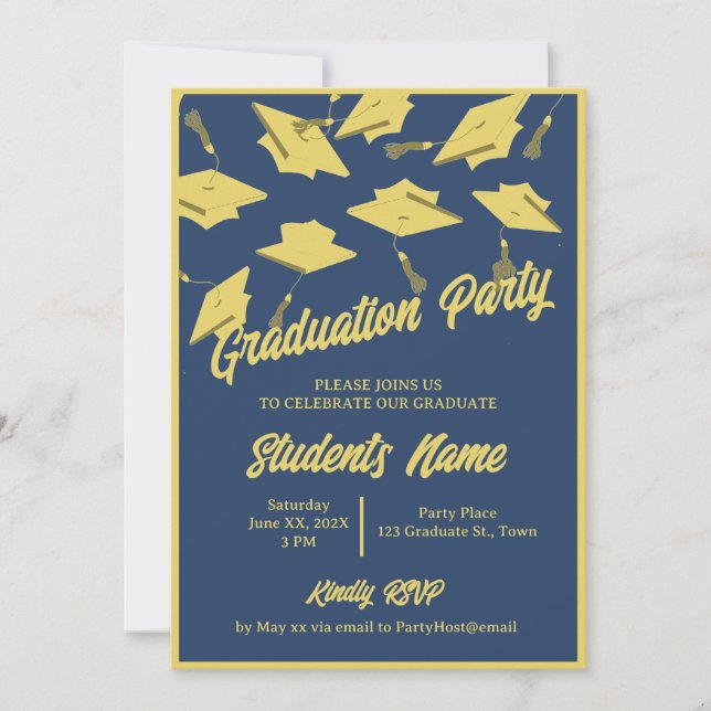 Invitación Fiesta de graduación Foto Morteros Azul y Oro (Anverso)