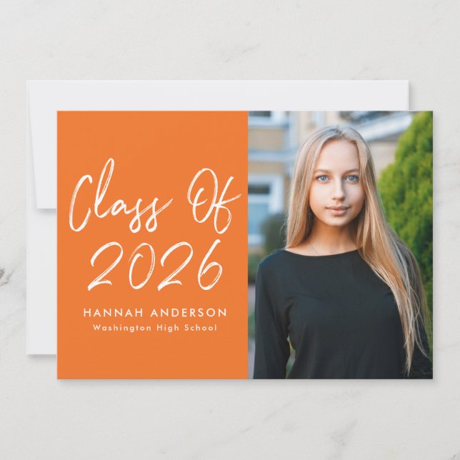 Invitación Fiesta de Graduación Foto Naranja Guión Moderno (Anverso)