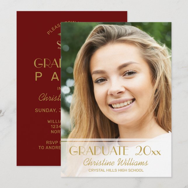 Invitación Fiesta de Graduación Foto Red Gold Script 2023 Gra (Anverso / Reverso)