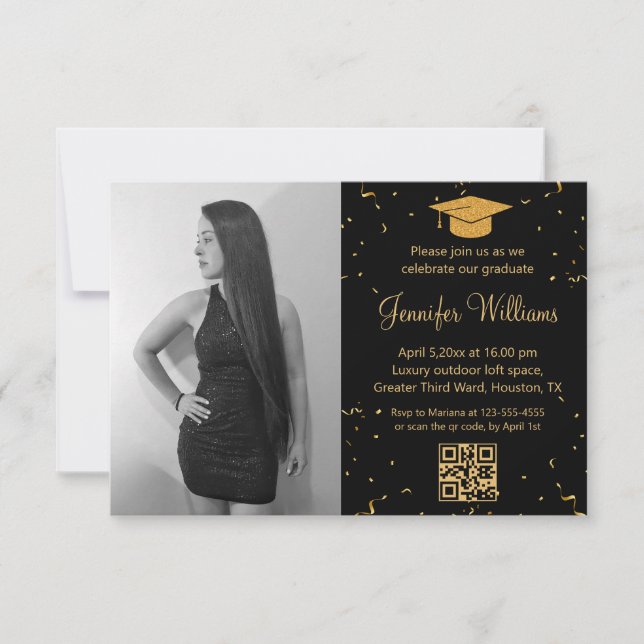 Invitación fiesta de graduación fotográfica código qr confett (Anverso)