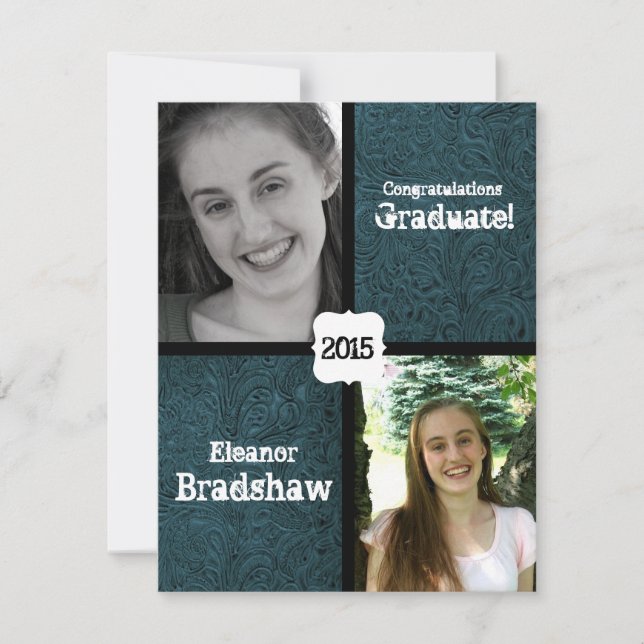 Invitación Fiesta de graduación fotográfica de cuero azul (Anverso)