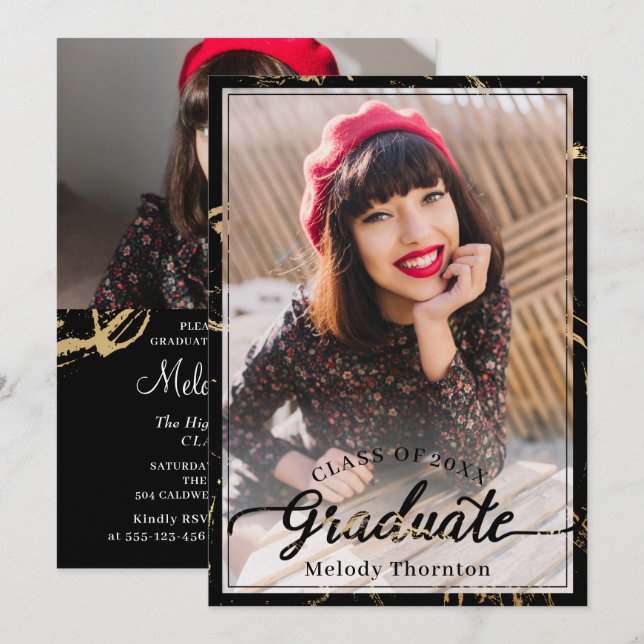 Invitación Fiesta de graduación fotográfica de Marble de oro  (Anverso / Reverso)