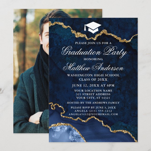 Invitación Fiesta de graduación fotográfica de mármol azul ac (Anverso / Reverso)