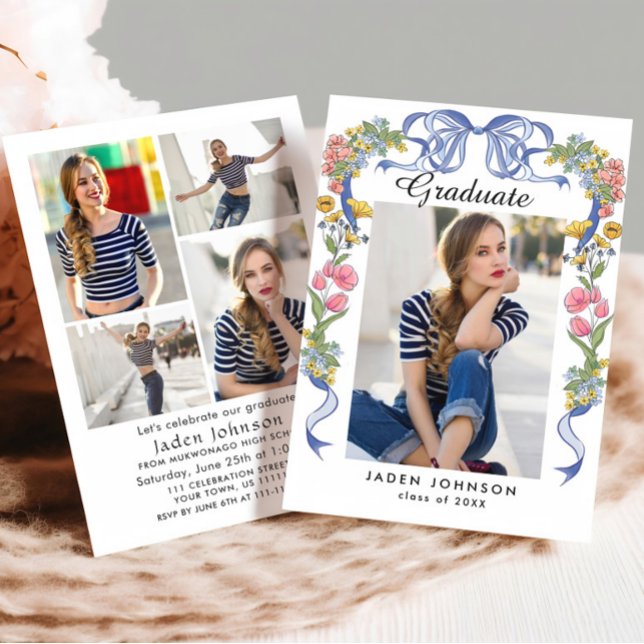Invitación Fiesta de graduación FOTOGRÁFICA de moda Blue Bow  (Subido por el creador)