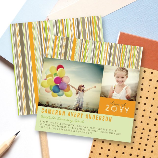 Invitación Fiesta de graduación fotográfica Preppy Stripes Mo (Preppy Orange, Lime Green and Grey Stripes Modern 2 Photo Graduation Party Invitation @ fatfatin)