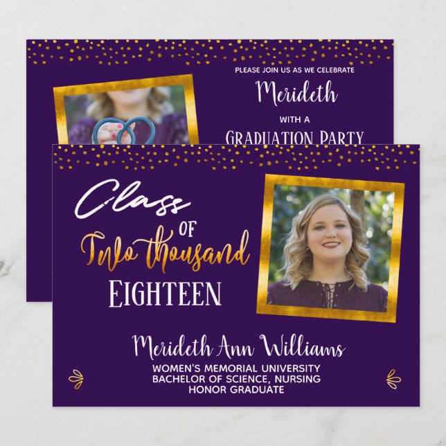 Invitación Fiesta de graduación fotográfica Ultra Violet Gold (Anverso / Reverso)