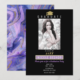 Invitación Fiesta de Graduación Glam Mármol Púrpura con Brill