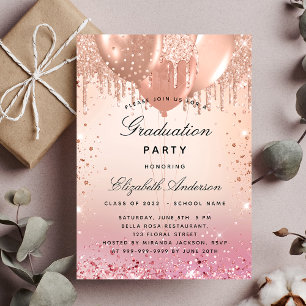 Invitación Fiesta de graduación globos de rosa dorado de lujo